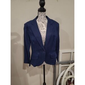 Olivia‎ Moon Women SZ Lg Navy Blue Linen Blazer 1 button coastal Nautical office
